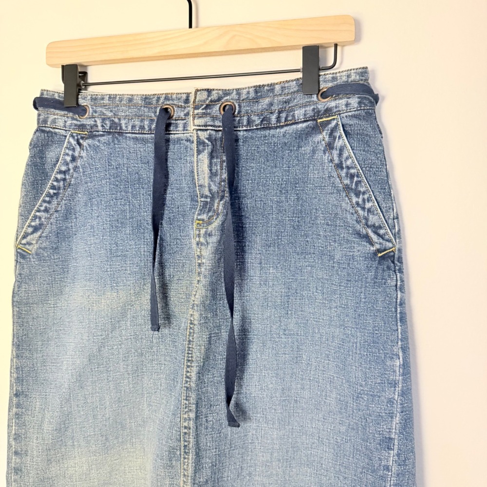 Vintage 90s Old Navy Low Rise Maxi Denim Skirt Y2K Distressed Drawstring SZ 6 - Picture 2 of 7
